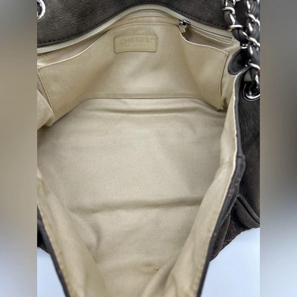 Chanel wild whipstitch flap bag grey suede silver hardware with card